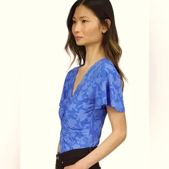 NWT [MICHAEL Michael Kors] Printed Ruched Top in Grecian Blue Women’s Petite XS - Picture 4 of 13